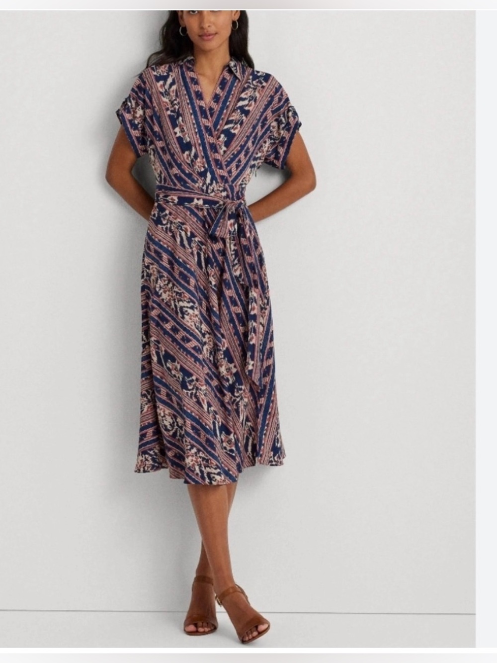 NWT Ralph Lauren Printed Wrap Midi Dress in Navy and Blush Size 8